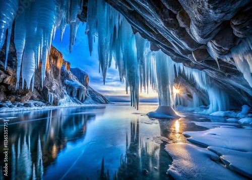 Icy Cave Lake: Frozen Wonderland, Winter Landscape Photography, Cave Icicles, Glacial Lake photo