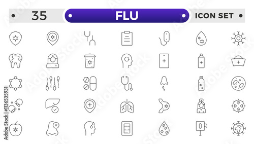 Flu icon set. Illness, diseases, sickness, allergy, pain, organs, virus, heart, eye, stomach, lungs, kidney, brain, bones,Symptoms, treatment and prevention of colds. Virus, fever, sneezing.