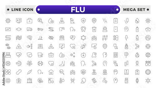 Flu icon set. Illness, diseases, sickness, allergy, pain, organs, virus, heart, eye, stomach, lungs, kidney, brain, bones,Symptoms, treatment and prevention of colds. Virus, fever, sneezing.