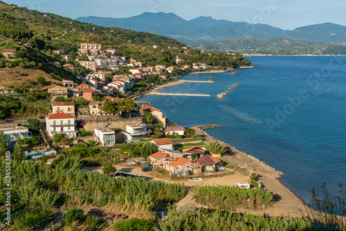 Panoramic view of Pioppi and  coastline. Campania, southern Italy.