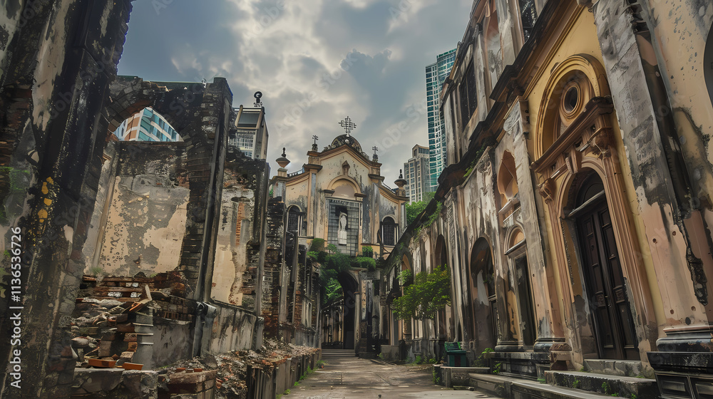 Timeworn Majesty: A weathered church stands sentinel amidst crumbling facades, its ornate details whispering tales of a bygone era. The narrow cobblestone street, shrouded in an ethereal mist. Timeworn Majesty: A weathered church stands sentinel amidst crumbling facades, its ornate details whispering tales of a bygone era. The narrow cobblestone street, shrouded in an ethereal mist.
