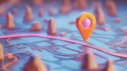 A stylized map with a location pin highlighting a specific area, featuring terrain and pathways. photo