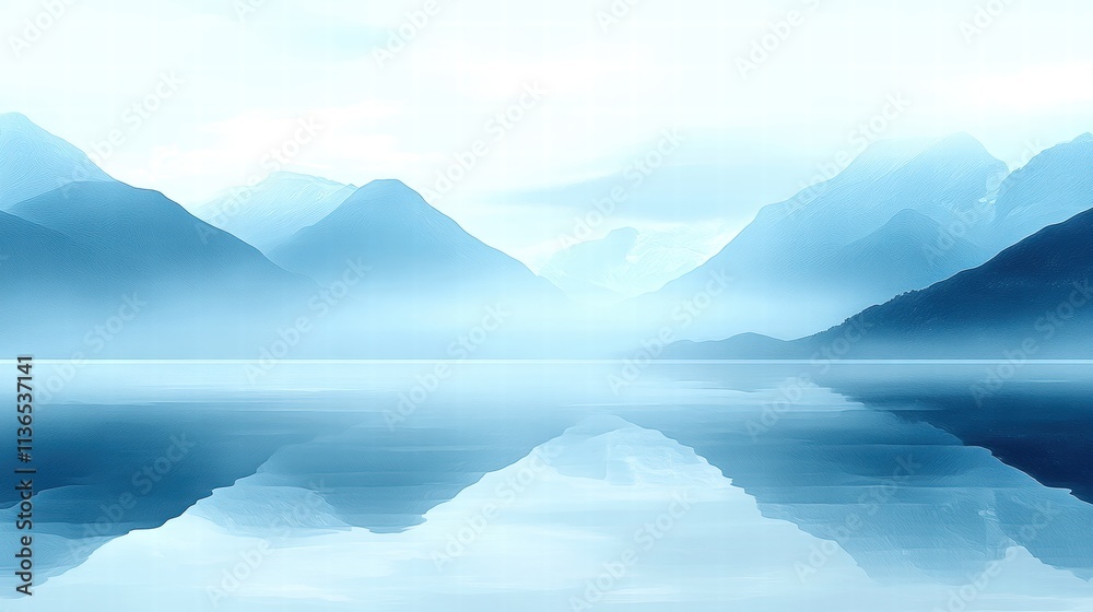 Serene mountain landscape with calm water reflecting the misty peaks above. Serene mountain landscape with calm water reflecting the misty peaks above.