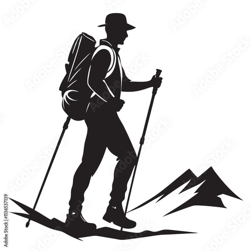 Hiker Silhouette Trekking Uphill with Stick