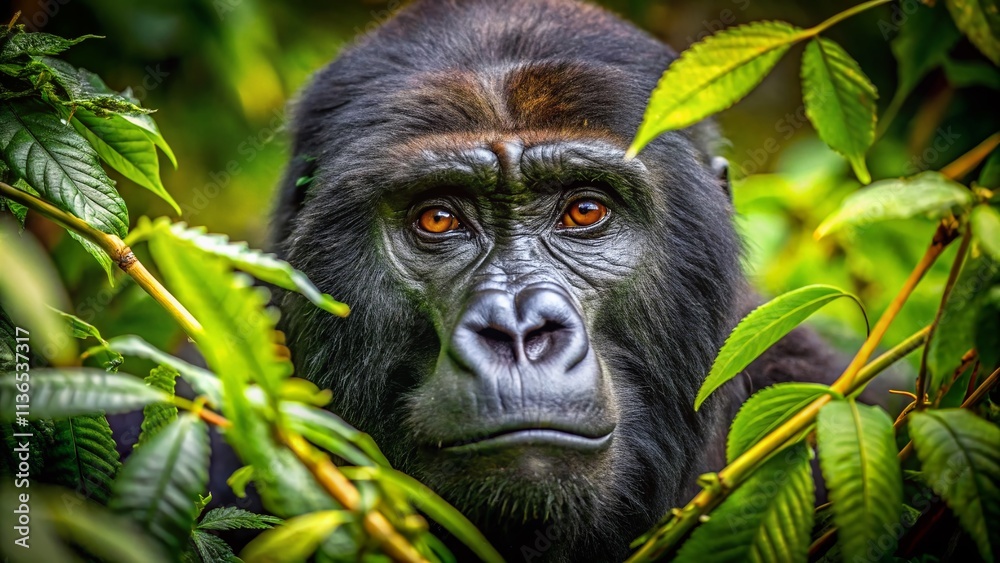 Intense Gaze of a Gorilla Peeking Through Foliage: A Panoramic Wildlife Photography Experience Emphasizing Nature and Conservation Efforts in the Heart of the Jungle Intense Gaze of a Gorilla Peeking Through Foliage: A Panoramic Wildlife Photography Experience Emphasizing Nature and Conservation Efforts in the Heart of the Jungle