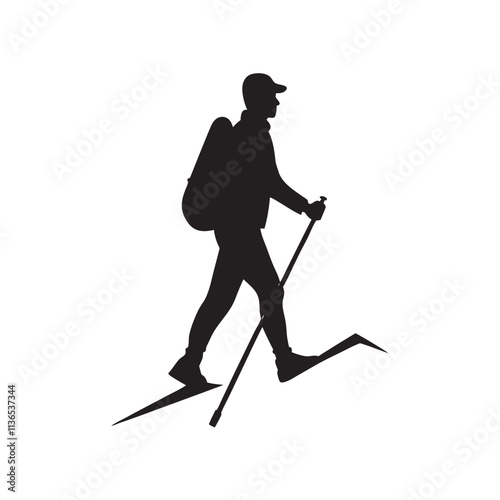 Hiker Silhouette Trekking Uphill with Stick 