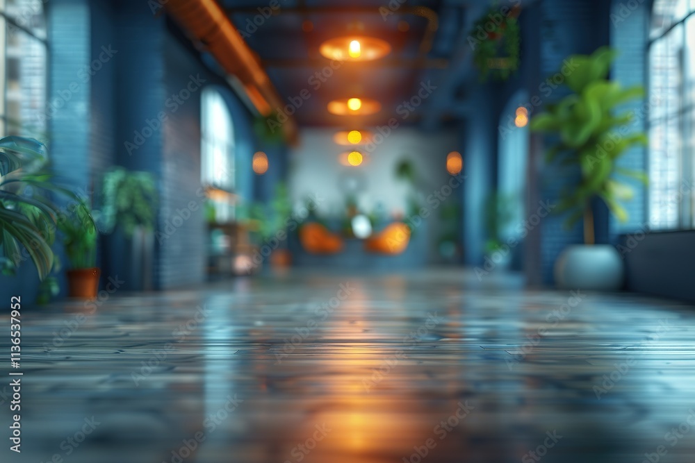 Empty wooden floor in a modern, industrial space with warm lighting and plants. Empty wooden floor in a modern, industrial space with warm lighting and plants.