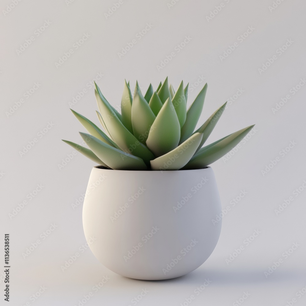 A minimal 3D succulent with elongated leaves in a matte pot surrounded by ample white space