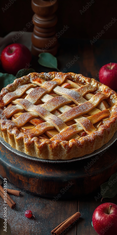Freshly baked apple pie with golden crust and cinnamon accents on rustic wooden table Freshly baked apple pie with golden crust and cinnamon accents on rustic wooden table