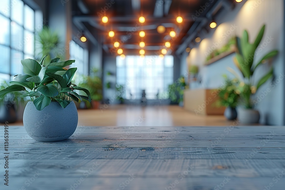 A potted plant sits on a wooden table in a modern office setting. A potted plant sits on a wooden table in a modern office setting.