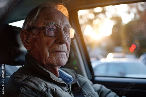 Thoughtful elderly man looking out of the car window during sunset, capturing moments of reflection and tranquility amidst the bustling city traffic