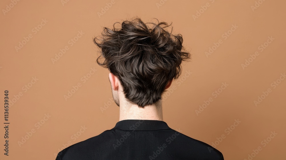 Man with messy hair brown background portrait indoor back view Man with messy hair brown background portrait indoor back view