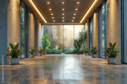 A sleek and modern hallway with potted plants and a view to the outdoors. photo