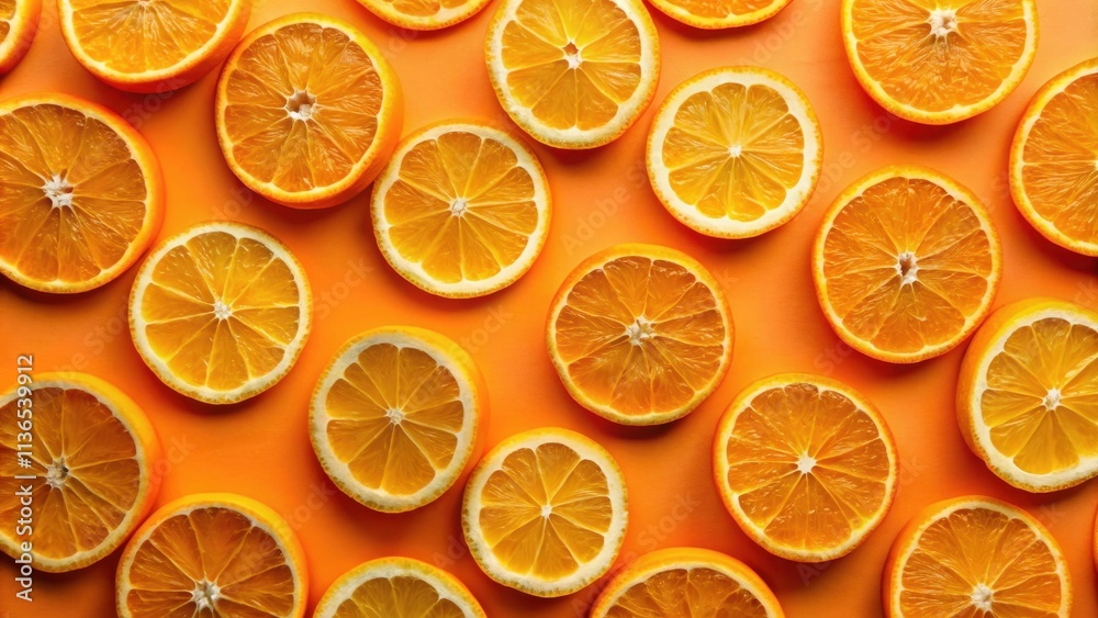 Vibrant citrus fruit slices arranged in a visually appealing pattern on a bright orange background Vibrant citrus fruit slices arranged in a visually appealing pattern on a bright orange background
