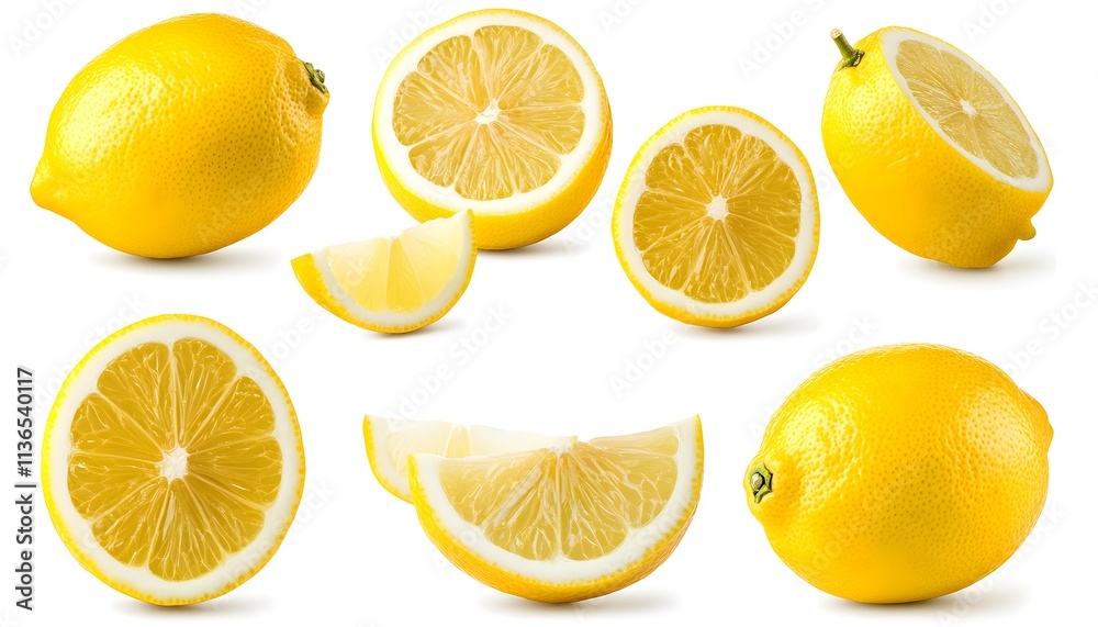 A set of Lemon isolated on a white background. It includes whole,halved and slice, all with full depth of field. --ar 7:4 A set of Lemon isolated on a white background. It includes whole,halved and slice, all with full depth of field. --ar 7:4