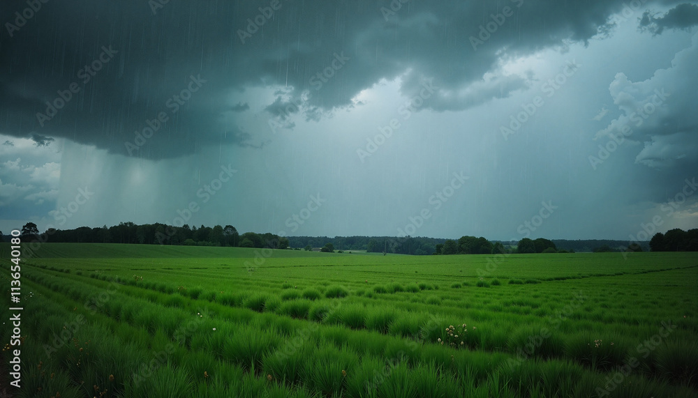 Green field under dark storm clouds during rainfall. Green field under dark storm clouds during rainfall.