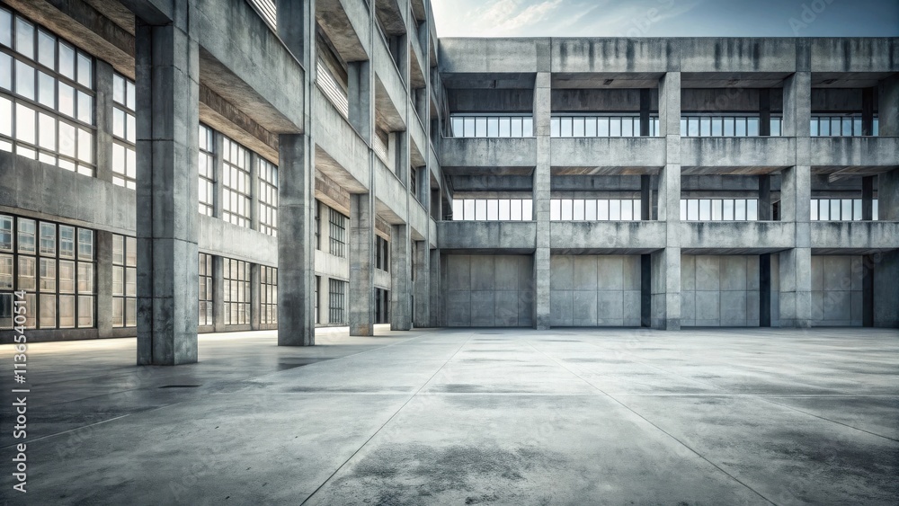 Spacious Concrete Structure with Expansive Windows and Open Courtyard Spacious Concrete Structure with Expansive Windows and Open Courtyard