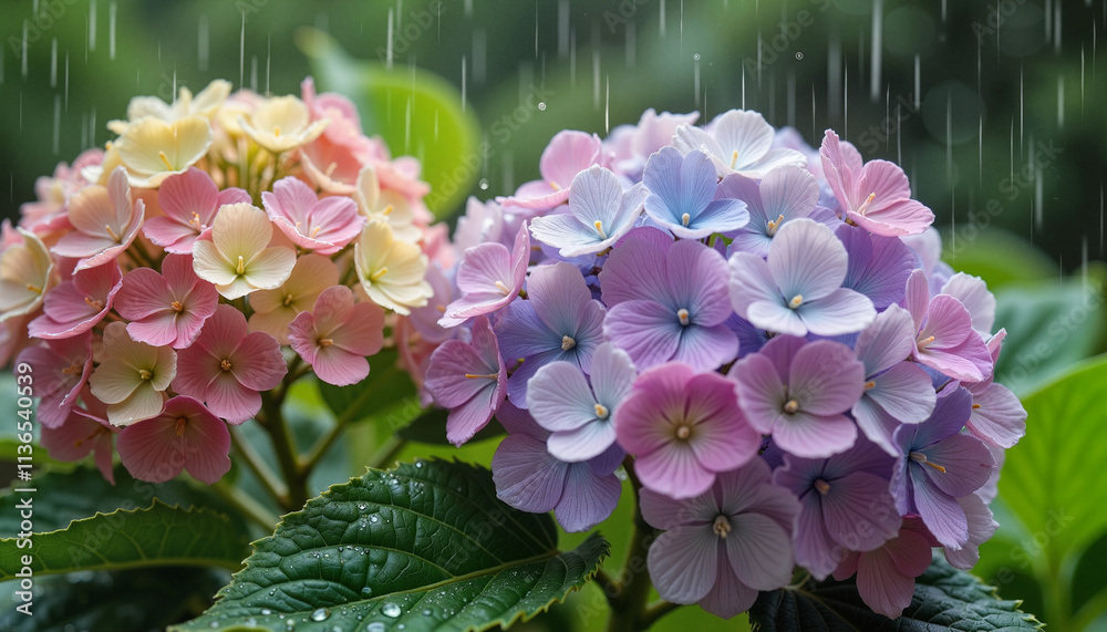 Colorful hydrangea flowers in the rain with green leaves. Colorful hydrangea flowers in the rain with green leaves.