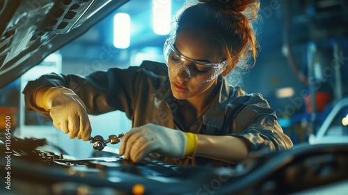 female mechanic working on car engine photo