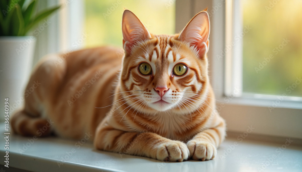 Ginger tabby cat resting on windowsill with sunlight. Ginger tabby cat resting on windowsill with sunlight.