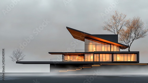 A sleek one-story building with a design mimicking the tension and release of a bowstring, symbolizing precision and aerodynamic efficiency, illuminated by soft gradient lighting. Ultra-Realistic,  photo