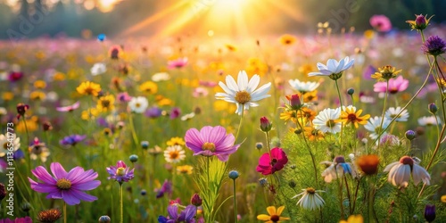 Vibrant Wildflower Meadow at Golden Hour, Sunbeams Illuminating a Colorful Array of Blossoms