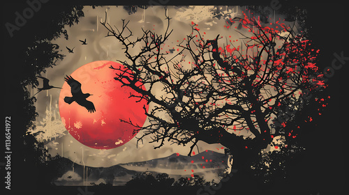 Crimson Moon and Withering Tree: A haunting digital art piece depicting a barren tree silhouetted against a large, crimson moon.  Crows fly amidst falling red leaves. photo