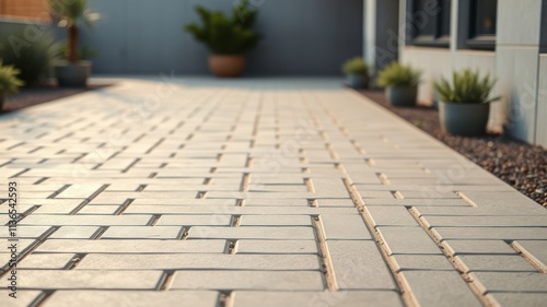 Sunlit Pathway of Interlocking Paving Stones with Greenery
