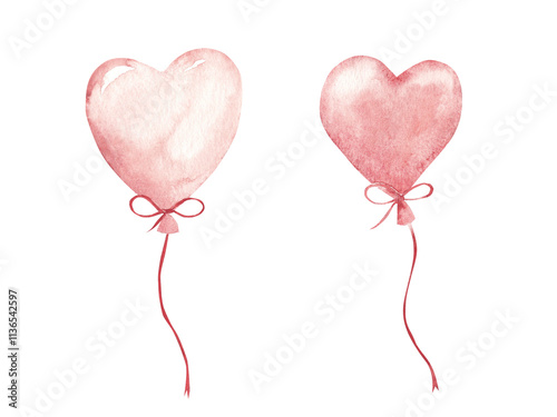 Set of Heart shaped pink air Balloons. Hand drawn Watercolor festive illustration. Decorative elements for Valentines Day or Wedding designs. For card, invitations and prints.