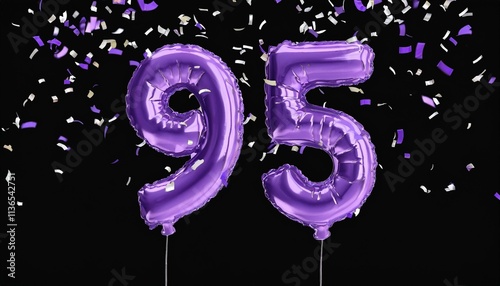 Purple birthday / anniversary balloon, number 95, black background with confetti