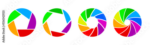 Photo camera lens diaphragm colored set icons. Photo lenses aperture zoom, cameras shutter icon and shutter apertures pictogram. Lomography film lens or snap optics objective lenses