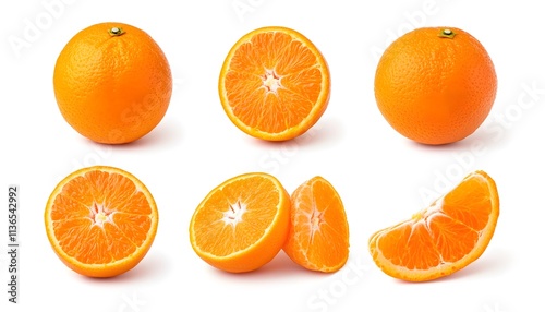 A set of Mandarin orange isolated on a white background. It includes whole,halved and slice, all with full depth of field. --ar 7:4