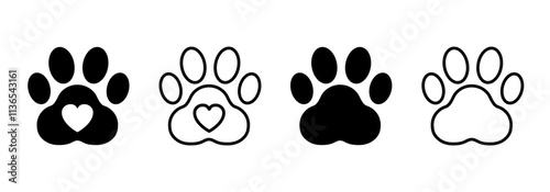 Paw footprint set icons, cute animal track with heart, paw icons in solid and line style