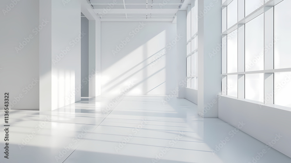 Empty White Room with Sunlight Streaks: A minimalist and sleek empty room with large windows, bathed in natural light, offers a clean and contemporary backdrop for your creative projects. 