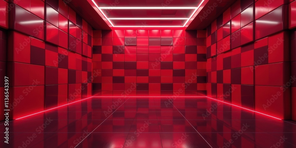 Fototapeta premium Modern Red Room with Neon Accents and Geometric Tiles