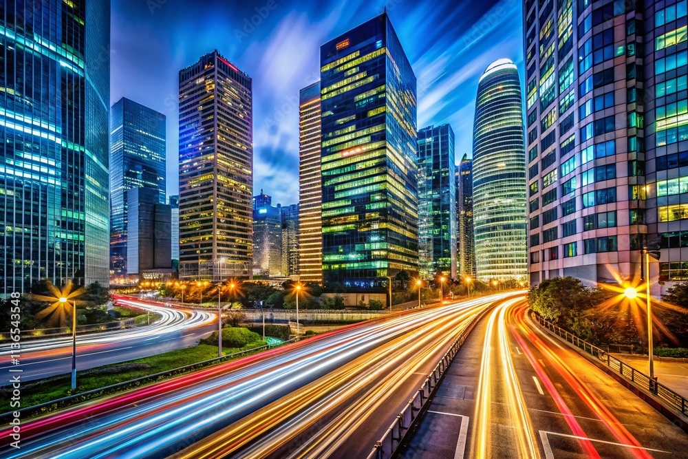 Naklejka premium Long Exposure Business Backgrounds: City Lights, Blurred Streets, Abstract Corporate Night Scenes, Office Building Lights, Financial District, Urban Skyline, Modern Architecture,