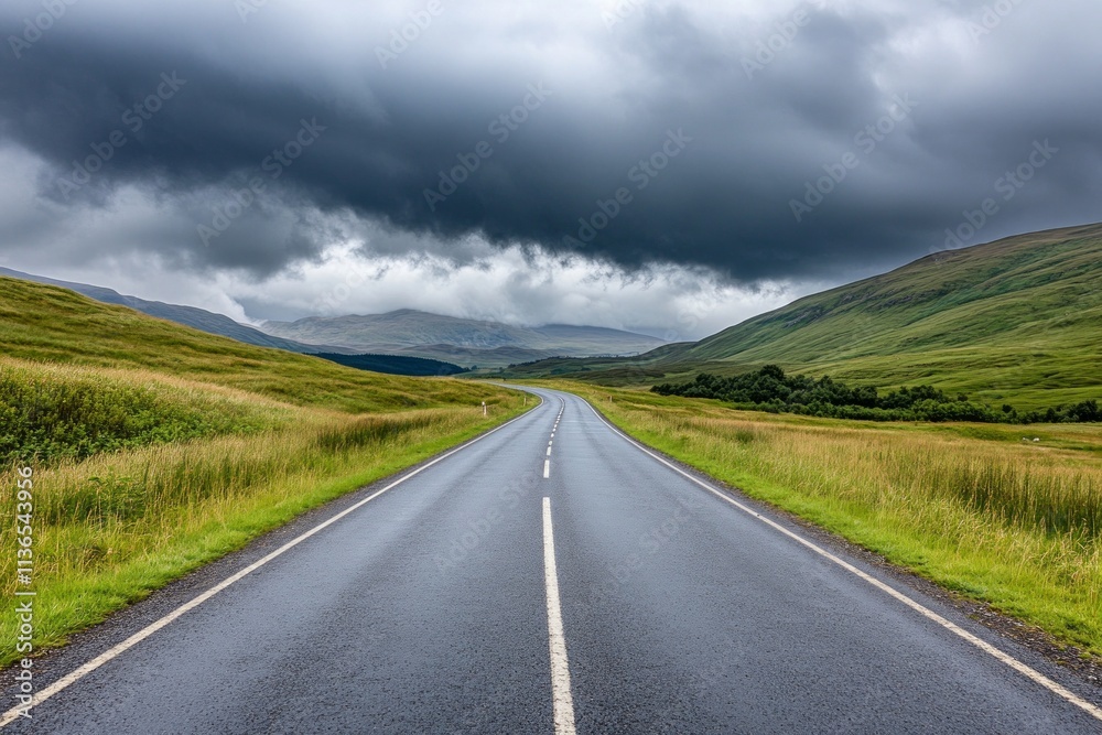 Fototapeta premium Serene Mountain Road Trip: A Breathtaking Landscape Journey Through Lush Green Valley Under Dramatic Clouds