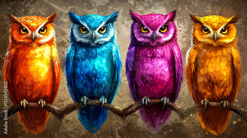 Four vibrant owls perched on a branch.