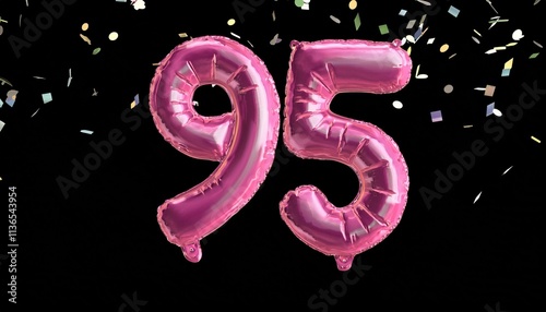 Pink birthday / anniversary balloon, number 95, black background with confetti