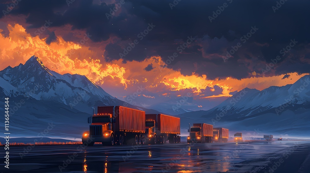 Fototapeta premium A red truck is driving down a road in the desert