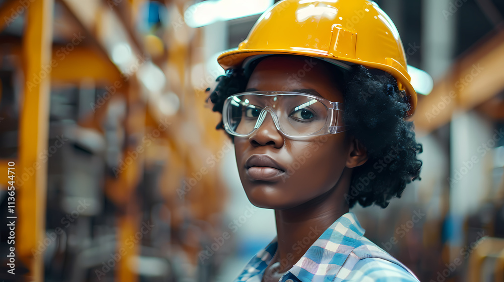 Focused Determination: A confident female industrial worker wearing a safety helmet and goggles stands tall in a bustling factory environment. Focused Determination: A confident female industrial worker wearing a safety helmet and goggles stands tall in a bustling factory environment.