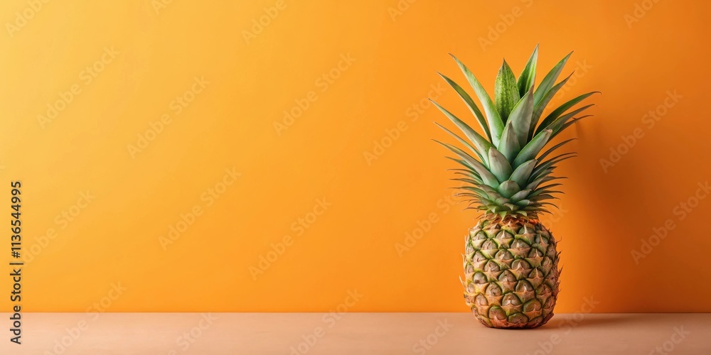 A single ripe pineapple on a neutral surface against a vibrant orange backdrop A single ripe pineapple on a neutral surface against a vibrant orange backdrop