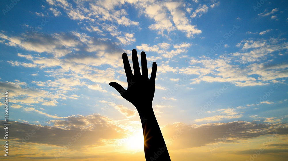 Hand Reaching Towards Cloudy Sky Symbolizing Hope and Aspiration Against a Vast Horizon Hand Reaching Towards Cloudy Sky Symbolizing Hope and Aspiration Against a Vast Horizon