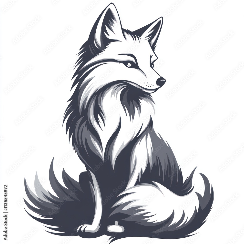Elegant stylized fox sitting, grayscale illustration. Elegant stylized fox sitting, grayscale illustration.