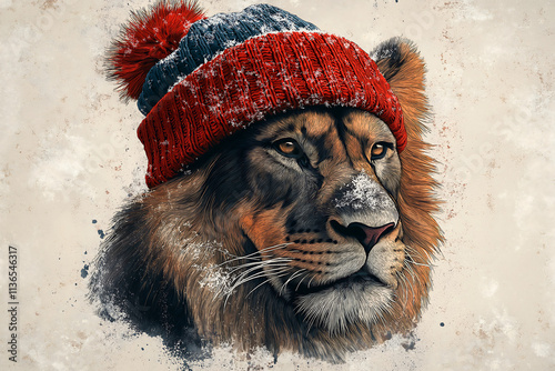 Create a bold and rustic illustration of a fierce lion's head, roaring with intensity. The lion is wearing a rugged knit winter beanie with a pom-pom on top the hat color is honolulu blue photo