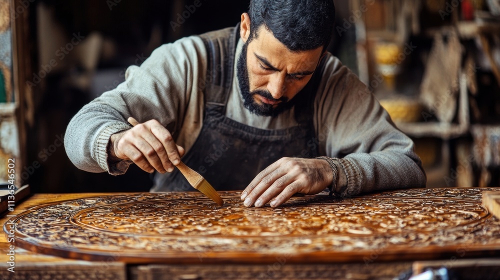 skilled craftsman applying finish to intricate wood carving