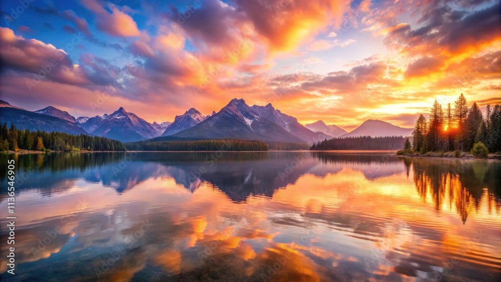 Serene mountain lake reflecting a vibrant sunset sky Serene mountain lake reflecting a vibrant sunset sky