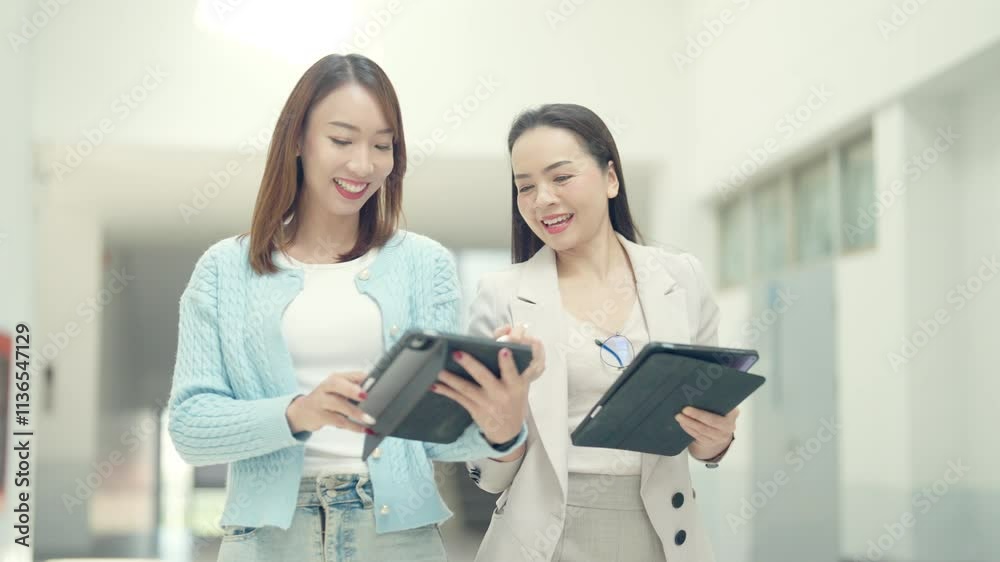 Two women are walking down a hallway, one of them holding a tablet and the other holding a notebook. They are discussing something on the tablet Two women are walking down a hallway, one of them holding a tablet and the other holding a notebook. They are discussing something on the tablet