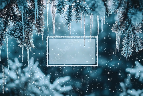 A winter wonderland scene with a soft pastel blue background, frosted fir trees, and icicles hanging from the top edge