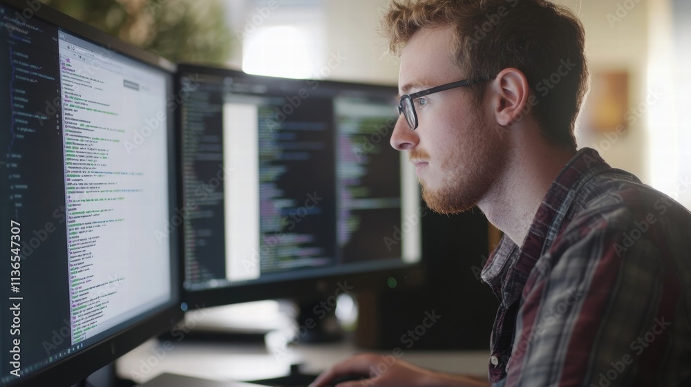 focused programmer coding on multiple monitors focused programmer coding on multiple monitors